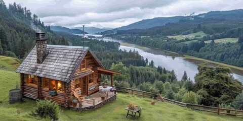Fototapeta premium A charming log cabin nestled in a serene forested landscape by a river, exuding warmth and tranquility amid lush greenery and distant mountains