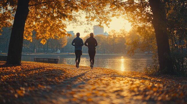 Two people running in a park with a lake in the background