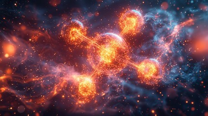Naklejka premium An abstract depiction of a molecule in a cosmic scene with glowing spheres and streams of light. A blend of energetic colors creates a dynamic visual.