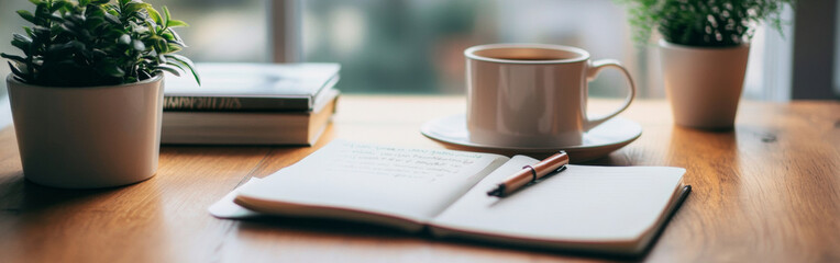 Warm cup of coffee beside a notebook and pen on a wooden table with plants in a cozy space. Wide web banner.