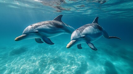 Fototapeta premium Two dolphins swimming in clear blue water
