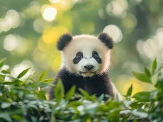 charming little panda cub exploring its bamboo habitat, displaying endearing behavior amidst lush greenery. the scene captures innocence and the beauty of wildlife in a natural setting