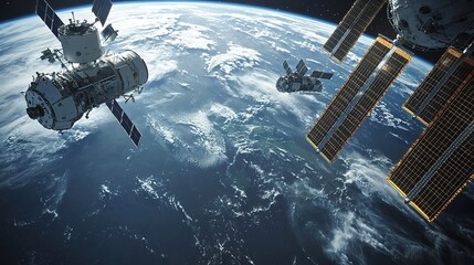 Fototapeta premium A stunning view of Earth from space, featuring multiple spacecraft orbiting above the planet's surface and showcasing the vibrant blue waters and atmospheric details.
