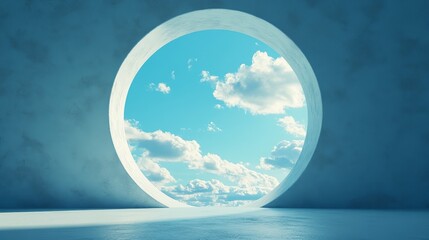 Abstract Tunnel Leading to Bright Light and Blue Sky, Symbolizing a Journey of Transformation, Hope, and Enlightenment in a Minimalistic Design