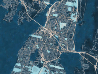 Painterly Style City Map of Fall River Massachusetts, USA in a Blue Color Scheme.