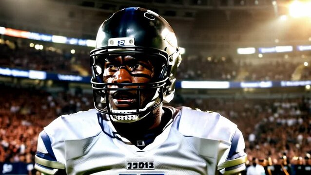 A close-up shot of a serious and determined American football player, an African athlete wearing his helmet and uniform. He's standing in the brightly lit arena, sweat dripping down his face