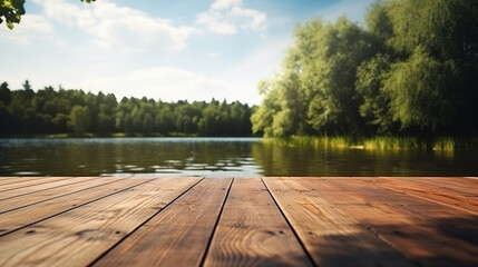 Obraz premium empty wooden board lake view nature background from a wooden dock blue sky and water