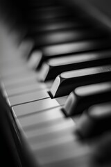 A focused monochrome image of piano keys, showcasing the depth and texture of black and white keys in high contrast. © StockUp