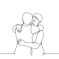 Men hugging - one line art vector. Concept of hug day, male skinship