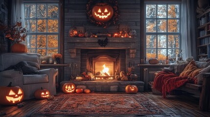 Obraz premium A cozy living room decorated for Halloween with a lit fireplace, pumpkins, and autumn leaves.