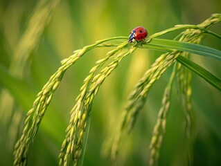Fototapeta premium close-up macro photography of a ladybug perched on a green paddy plant, showcasing the vibrant reds and greens, capturing the beauty of nature's small wonders