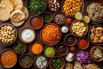 Flat lay of Indian street food ingredients, including chutneys, sauces, spices, and fried snacks.