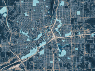 Painterly Style City Map of Flint Michigan, USA in a Blue Color Scheme.