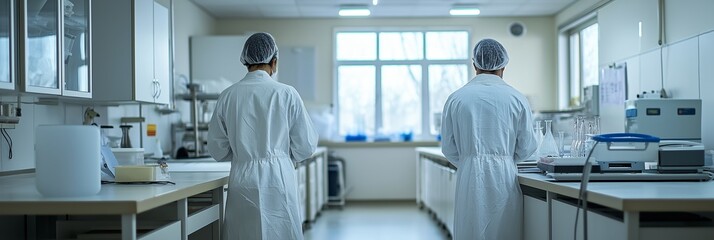 Two scientists work in a modern laboratory setting together.