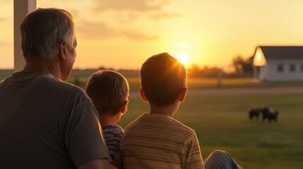 multigenerational family enjoying peaceful sunset moment together, reflecting warmth and connection. serene landscape enhances emotional bond shared among them