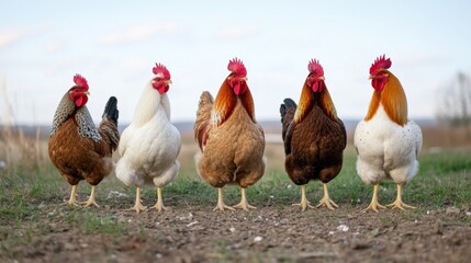Fototapeta premium Vibrant rooster gathering in a spring countryside setting for farm decor