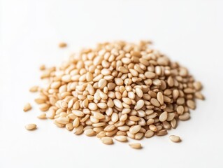 Fototapeta premium close-up view of sesame seeds isolated on a pristine white background, highlighting their texture and natural beauty, representing health and culinary uses