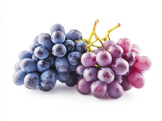 Fototapeta premium clusters of purple and blue grapes rest against a pristine white background, showcasing their rich color and texture, evoking freshness and the essence of nature's bounty