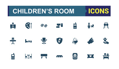 Set of solid children's room icons. baby room icon collection, cradle, bed, changing table, swaddle wrap, bunk bed, and more. editable and pixel perfect icons pack.