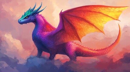 A majestic dragon with colorful scales soaring through mystical clouds