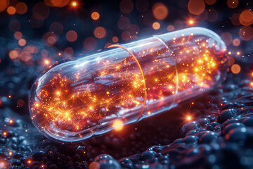 Close-up of a capsule emanating a soft glow, surrounded by ethereal particles that symbolize its cutting-edge, innovative formulation