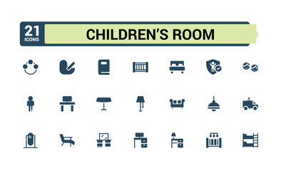 Set of solid children's room icons. baby room icon collection, cradle, bed, changing table, swaddle wrap, bunk bed, and more. editable and pixel perfect icons pack.