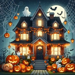 Obraz premium Decorated house for Halloween with pumpkins,spider web and Jack-o-lantern, ghosts, and garlands, helloween. vector illustration