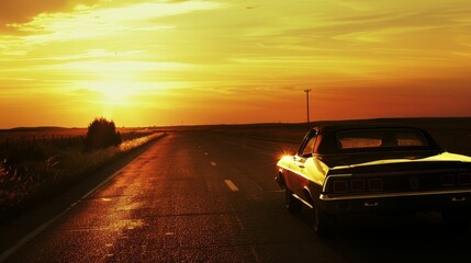 Lone car driving on deserted highway at sunset, road stretching into horizon with golden light reflecting off hood, sharp silhouette against vibrant sky, emphasizing solitude and freedom.