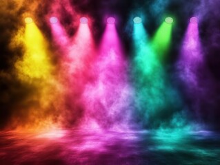 colorful spotlights illuminating a lively concert stage, creating an abstract background that captures the energy and excitement of live music events with vibrant colors