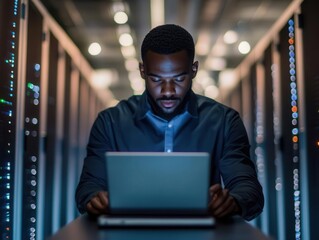 computer engineer immersed in work on a laptop in a server room, surrounded by rows of servers and blinking lights, illustrating the dynamic world of data and technology