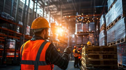Team of Male Construction Workers in Warehouse Discussing Tasks Amid Window Pallets