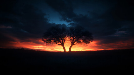 Silhouetted trees against a vibrant sunset in a serene landscape during twilight hours