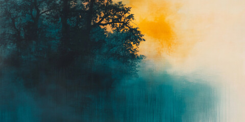 Naklejka premium Misty forest landscape at dawn with orange sun illuminating the treetops and sky