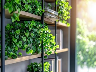 Fototapeta premium contemporary bookshelf featuring vibrant green plants, serving as a stylish decorative element for virtual office backgrounds, evoking a sense of tranquility and modern living