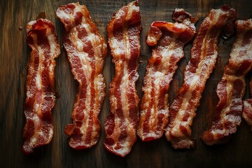 Close-up of crispy bacon strips on a wooden cutting board.