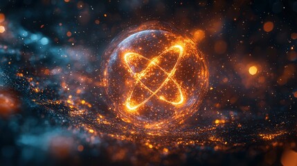 An abstract representation of atomic structure with glowing particles, set against a dark background, showcasing creativity and imagination in visual art.