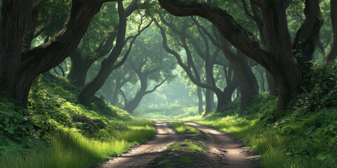 Serene forest pathway surrounded by lush greenery and soft sunlight filtering through trees