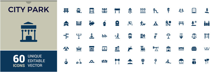 City Park solid icons set. Containing forest, barbecue, picnic camp, bench and more, Filled icon collection. Editable and pixel perfect, Minimal symbol pack.