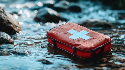 A red first aid kit rests on wet rocks, surrounded by water, showing signs of moisture while emphasizing preparedness in an outdoor setting.