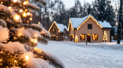 cozy winter scene featuring snowy landscape with charming houses adorned with festive lights. beautifully decorated Christmas tree in foreground adds warmth to serene atmosphere