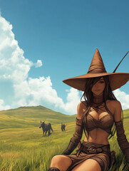 A young woman in a wide-brimmed hat sits peacefully in a grassy meadow with horses in the background