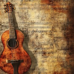 A vintage guitar rests against a textured background with musical notes, evoking a sense of nostalgia for music.