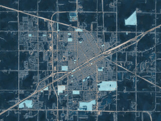 Painterly Style City Map of Grand Island Nebraska, USA in a Blue Color Scheme.