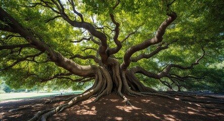 Obraz premium Ancient tree with twisted branches and a canopy of leaves filtering sunlight