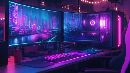 Futuristic gaming computer setup with neon purple and cyan lighting, the screens displaying AI-generated futuristic cityscapes.