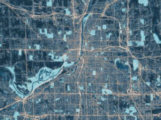 Painterly Style City Map of Grand Rapids Michigan, USA in a Blue Color Scheme.