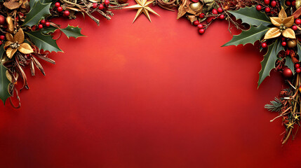 luxurious Christmas template featuring deep red and gold elements, adorned with festive decorations like holly, berries, and stars, creating warm and inviting atmosphere