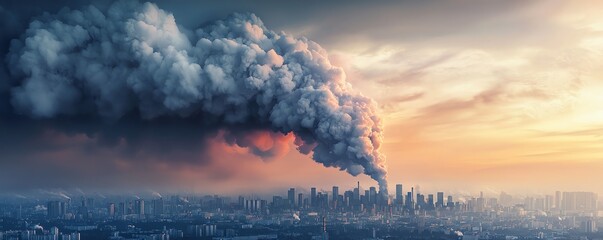 City skyline under dramatic sky with thick smoke rising during sunset.