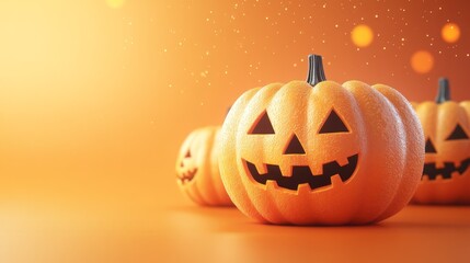 Three pumpkins with a smiling face on them are on a table