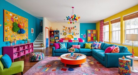 Bright colorful living room with fun decor a large play area and cozy seating arrangements